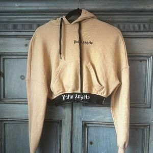 Palm Angels Logo Tag Cropped Hoodie With Large Print on the Back in Beige XXS